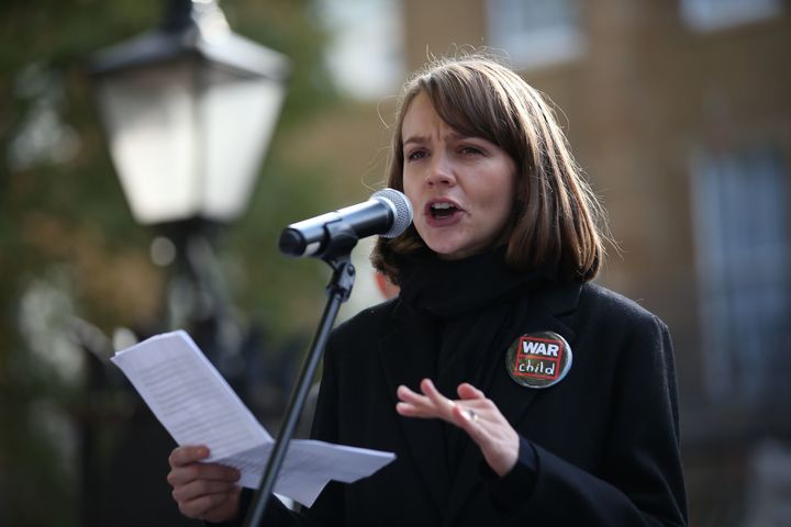 Carey Mulligan speaks during a protest calling on the British government to take action in Syria.