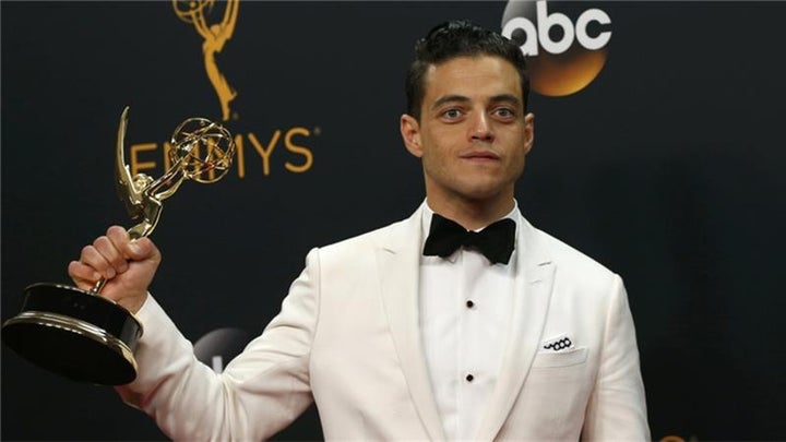 Rami Malek receiving his award for Outstanding Lead Actor In A Drama Series for Mr Robot.