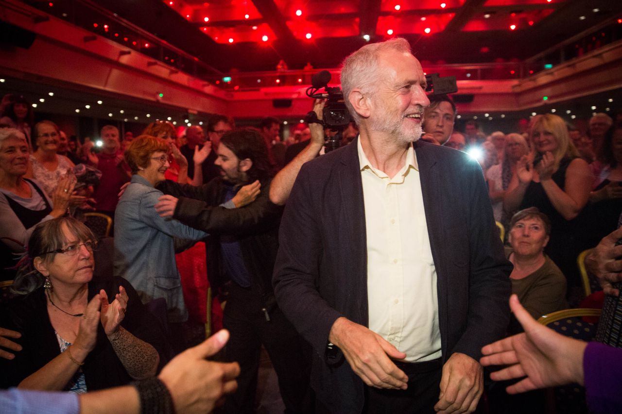 Jeremy Corbyn, Leader of the Labour Party, is greeted by supporters at the Hilton Metropole hotel on August 2, 2016 in Brighton