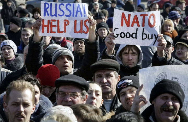 <p>Pro-Russian protesters in Donetsk, Ukraine, March 8, 2014.</p>