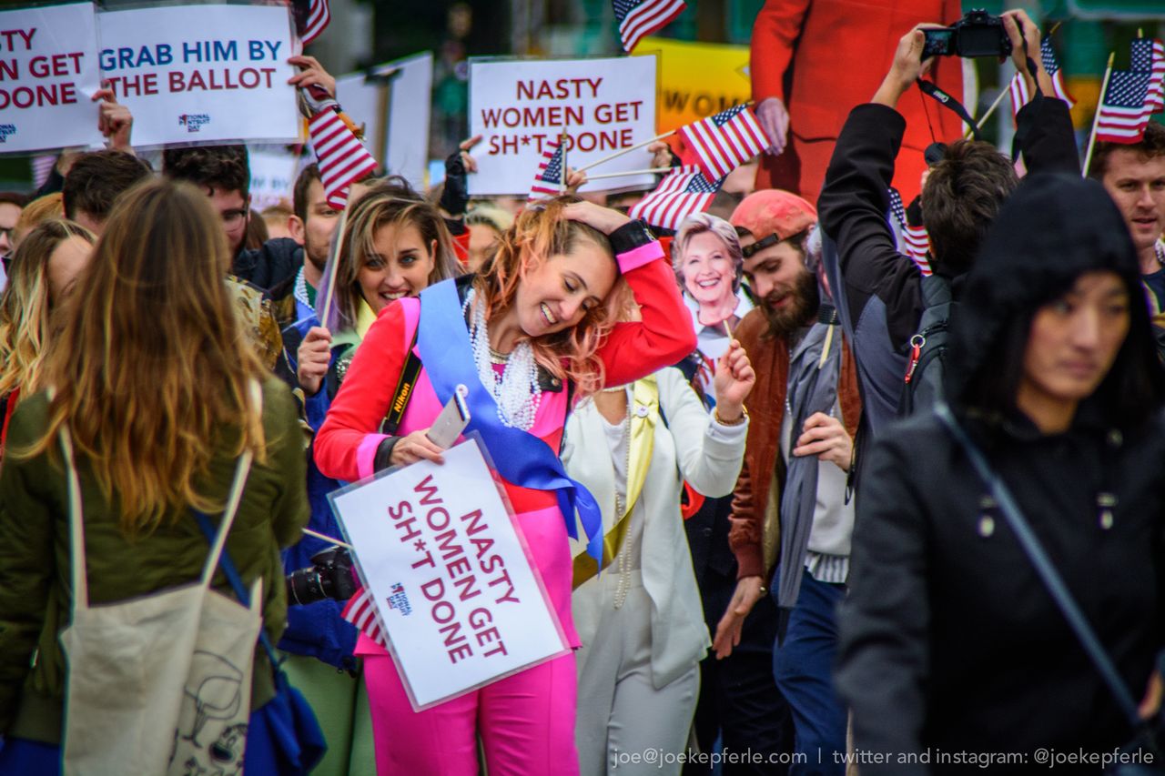 New Yorkers march in honor of National Pantsuit Day on October 22.