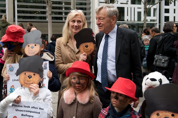 <strong>Actress Joely Richardson (left) with Labour peer Lord Dubs (right) and children dressed as Paddington Bear outside the Home Office</strong>