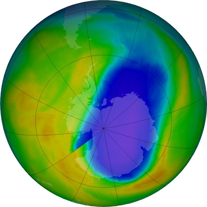 Satellite measurements of the ozone layer on October 21, 2016. The ozone hole is the deep blue and purple region over Antarctica, with a filament reaching as far as S. America
