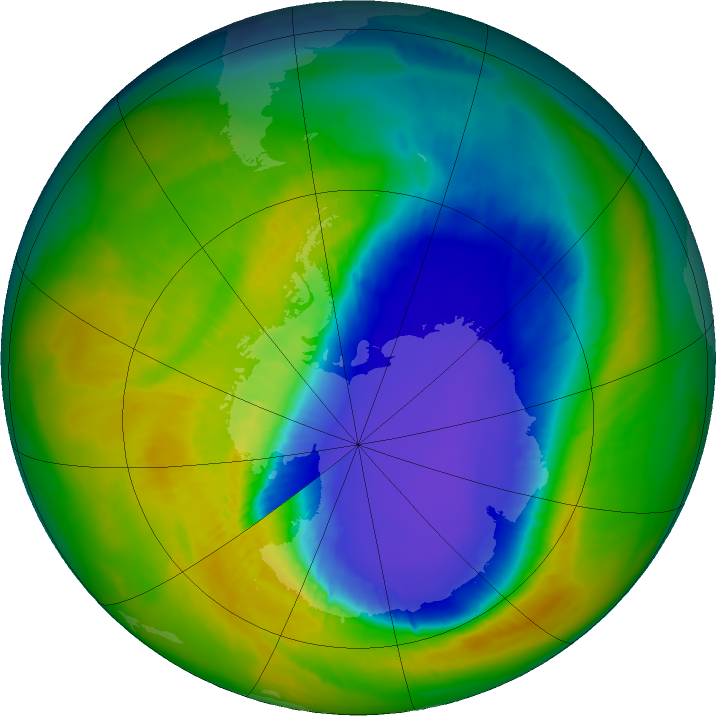 Satellite measurements of the ozone layer on October 21, 2016. The ozone hole is the deep blue and purple region over Antarct
