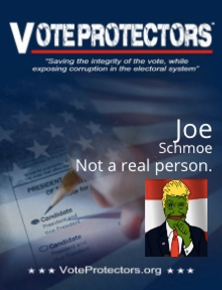 The Vote Protectors site created this badge with a fake name and photo provided by The Huffington Post.