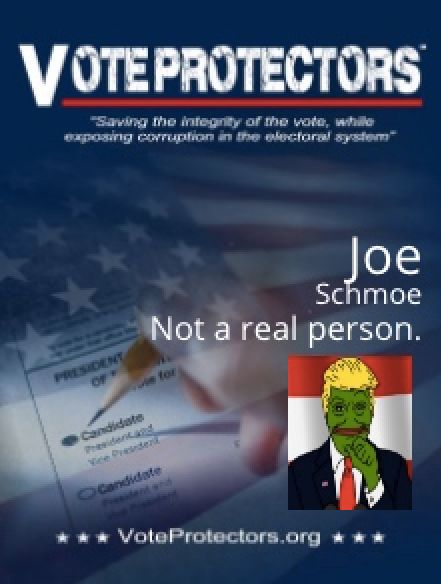 The Vote Protectors site created this badge with a fake name and photo provided by The Huffington Post.