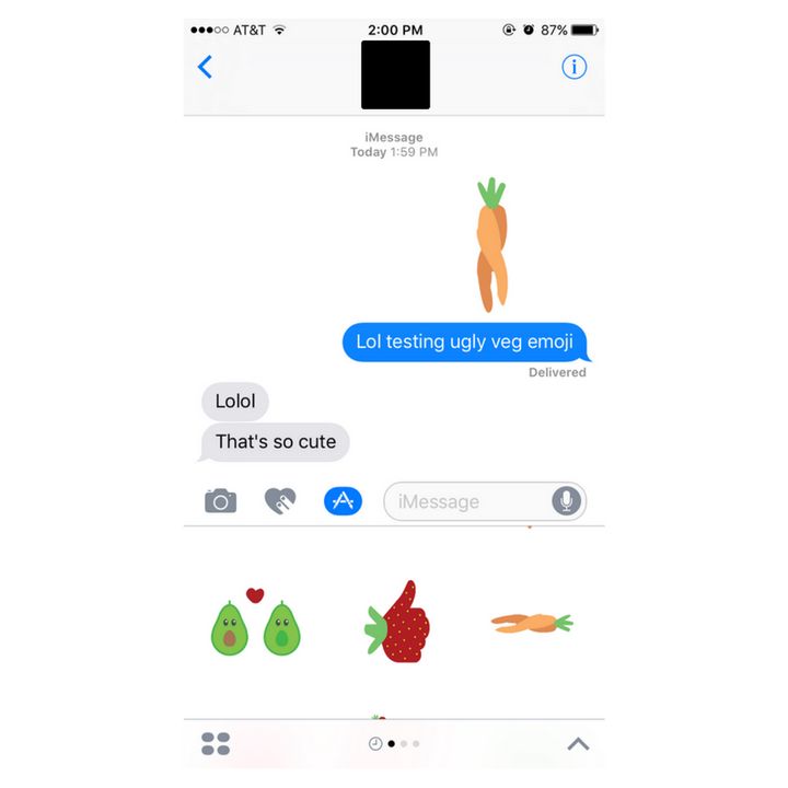 Author's text message exchange with a friend after downloading the Ugly Produce! app.