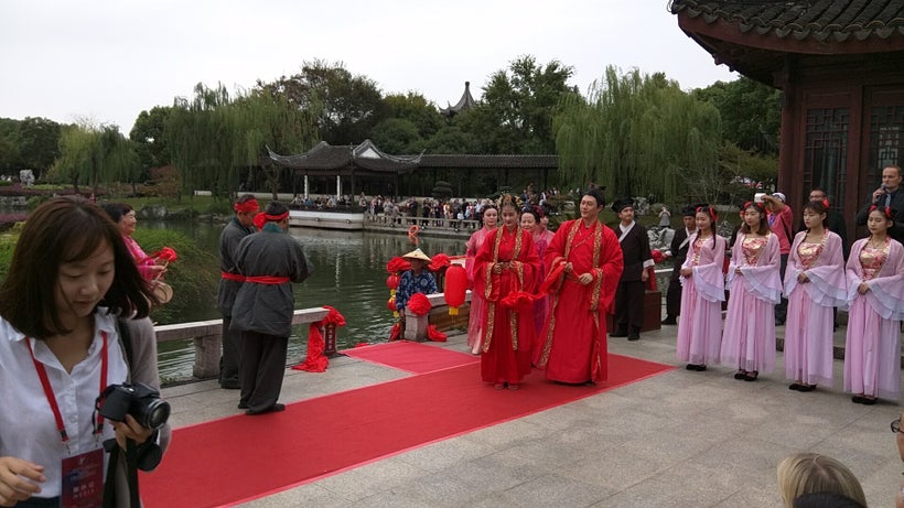 The wedding party actors arrived by boat