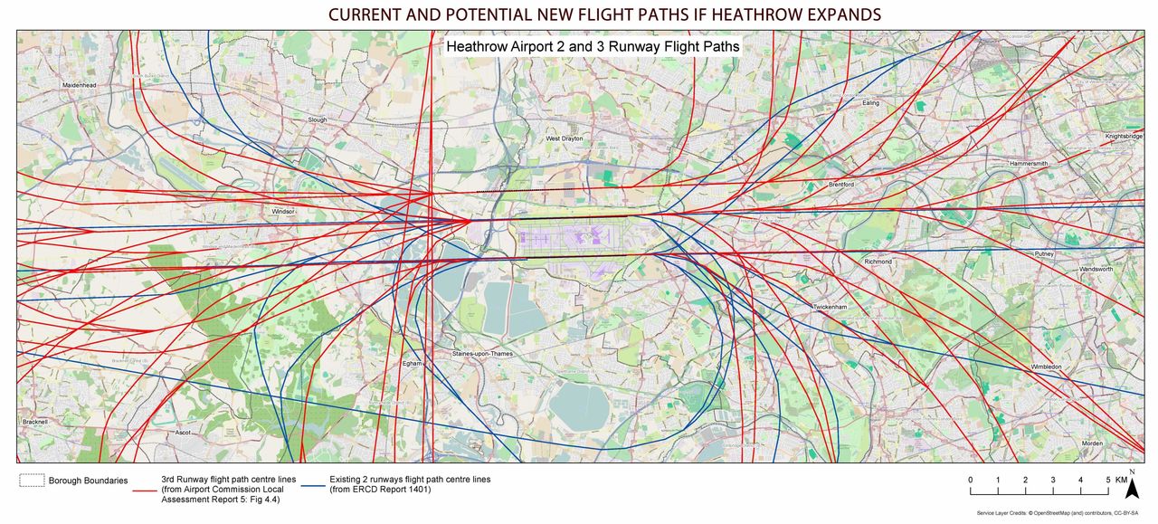 Potential flight paths from a new third runway at Heathrow from AirportWatch