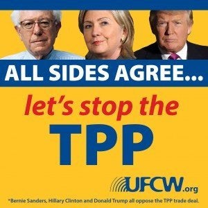 A United Food and Commercial Workers anti-TPP poster features politicians from&nbsp;the U.S. election cycle.