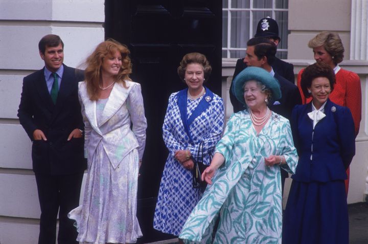 The royal family at Clarence House. From left to right; Prince Andrew Duke of York, the Duchess of York Sarah Ferguson, Queen Elizabeth II, The Queen Mother, Prince Charles, Princess Margaret and Princess Diana.