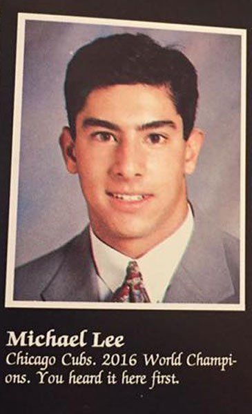 Michael Lee's 1993 yearbook photo predicts a 2016 World Series win for the Chicago Cubs.