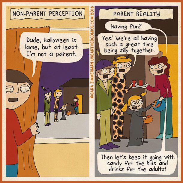 Perception vs. Reality of What It's Like Being a Parent on Halloween (http://unearthedcomics.com)
