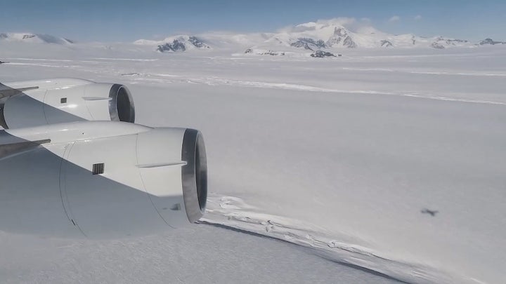 A view from Operation IceBridge's aircraft of Crosson Ice Shelf (foreground). Mt. Murphy is in the background.