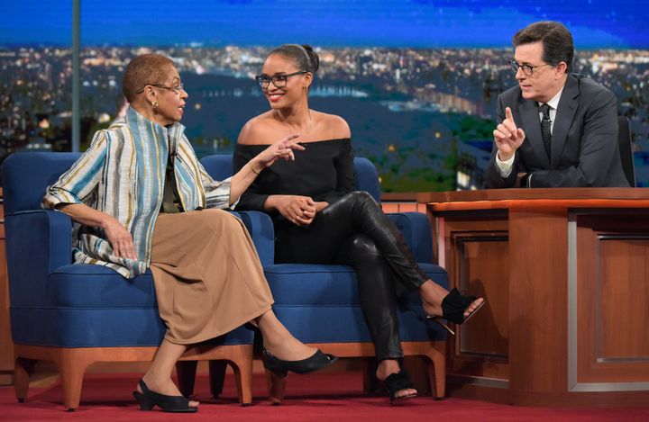 Joy Bryant and Congresswoman Eleanor Holmes Norton on "The Late Show with Stephen Colbert."