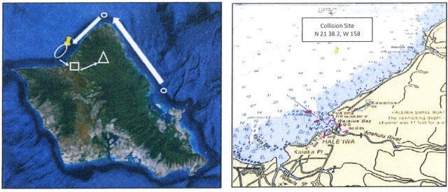 At left, the flight path of the two helicopters shows their journey from the base at Kaneohe along the North Shore. The location of the collision is at right.