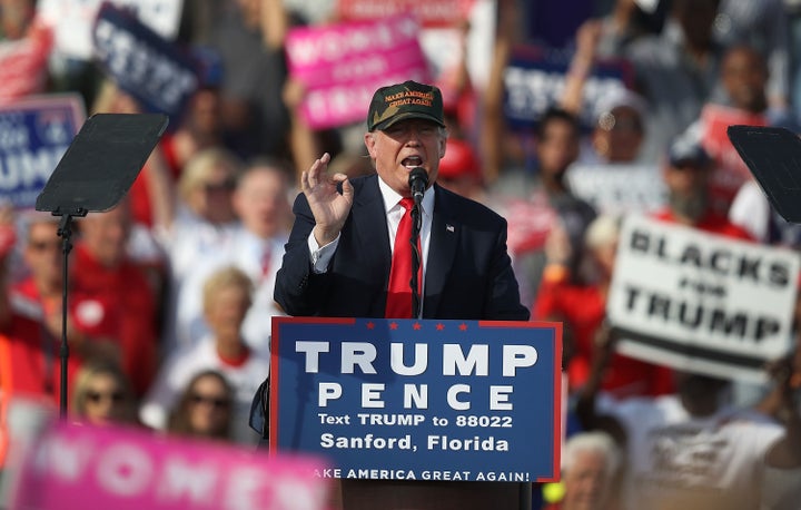 Donald Trump speaks at a campaign rally in Sanford, Florida, on Tuesday. He made false claims about Hillary Clinton at&n