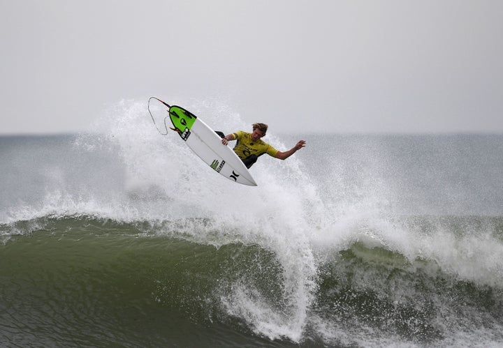 World Surf League World Title winner John John Florence competes during the final heat of the Portuguese stage of the World Surf League championship on Tuessday.