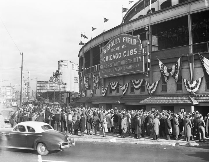 Fans mill about the Wrigley Field Box Office during the World Series in October, 1945.