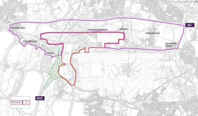 Compulsory purchase marked by the red area, while market value offers are in purple