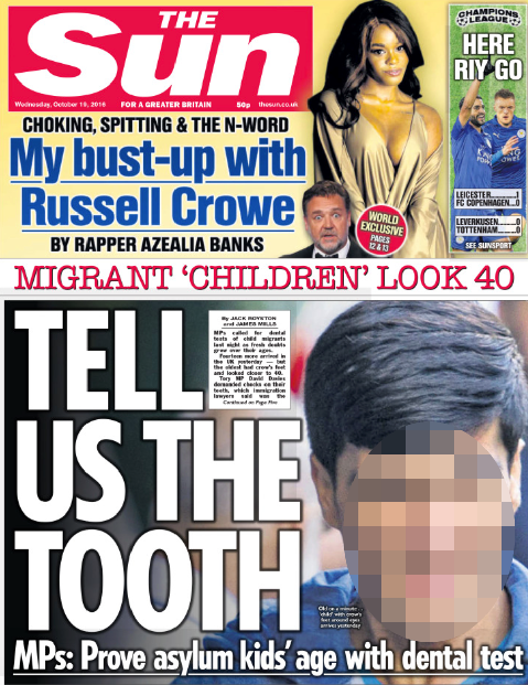 The front page of the Sun last Wednesday carried calls from a Tory MP for dental checks on child migrants coming to Britain.