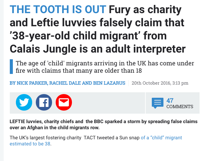 The Sun reported that 'leftie luvvies' had spread false claims about the identity of one of the child migrants.