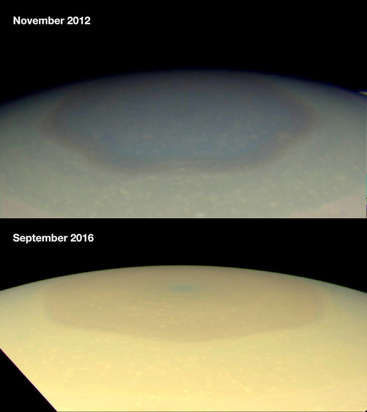 Images of Saturn's north polar hexagon, which appears bluish in 2012 and more golden in 2016.