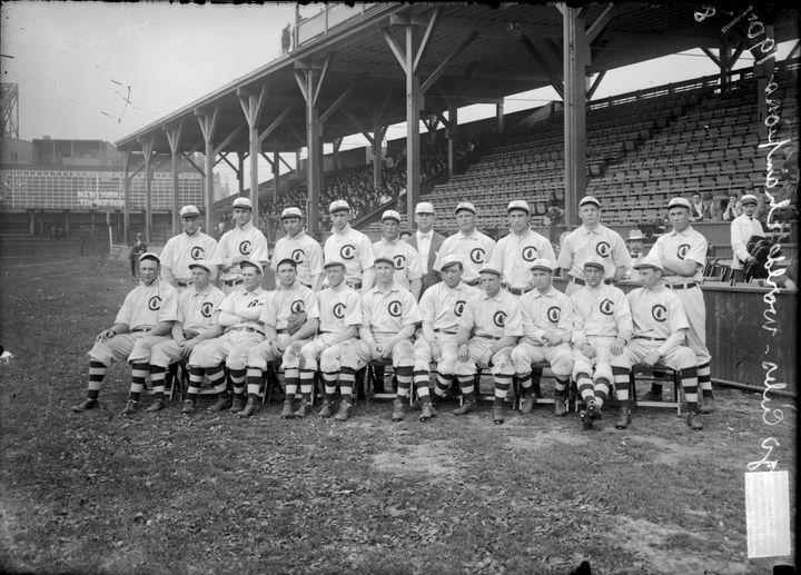 Group portrait of the Chicago Cubs posing for a photograph at West Side Grounds, Chicago, 1908.