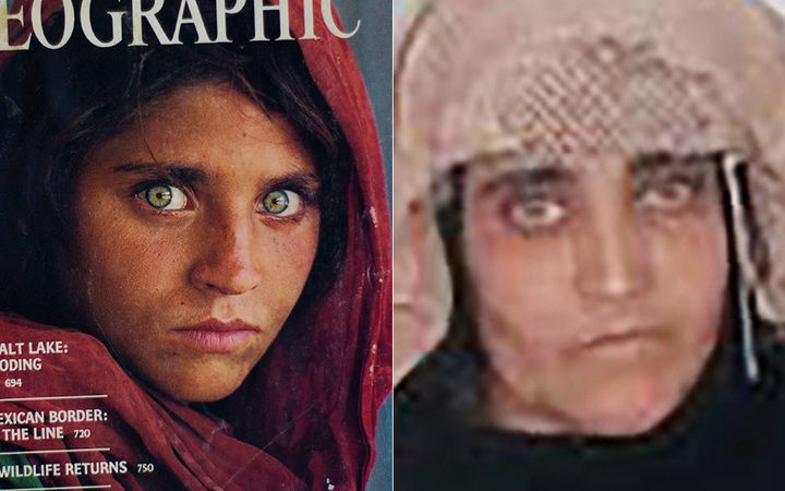 The iconic National Geographic cover on the left with a photo from a Pakistan court of Sharbat Gula in Peshawar, Pakistan. 