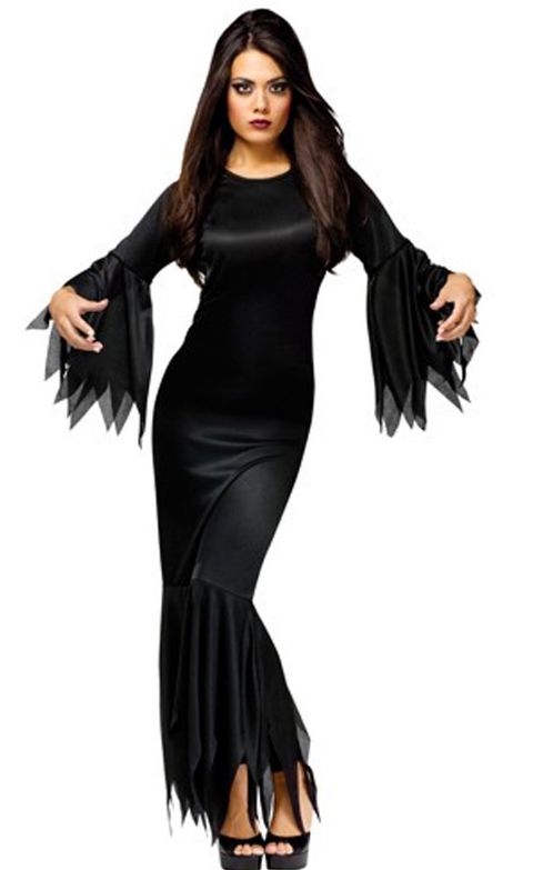Pair with heavy kohl eyeliner white face paint for the perfect Morticia Addams outfit
