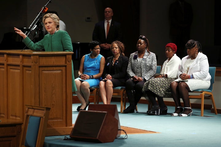 Democratic presidential nominee Hillary Clinton speaks at a Sunday service at Union Baptist Church accompanied by "Mothers of the Movement," a group of women who have lost their children in a series of police shootings which galvanized the "Black Lives Matter" movement, in Durham, North Carolina, U.S., October 23, 2016.