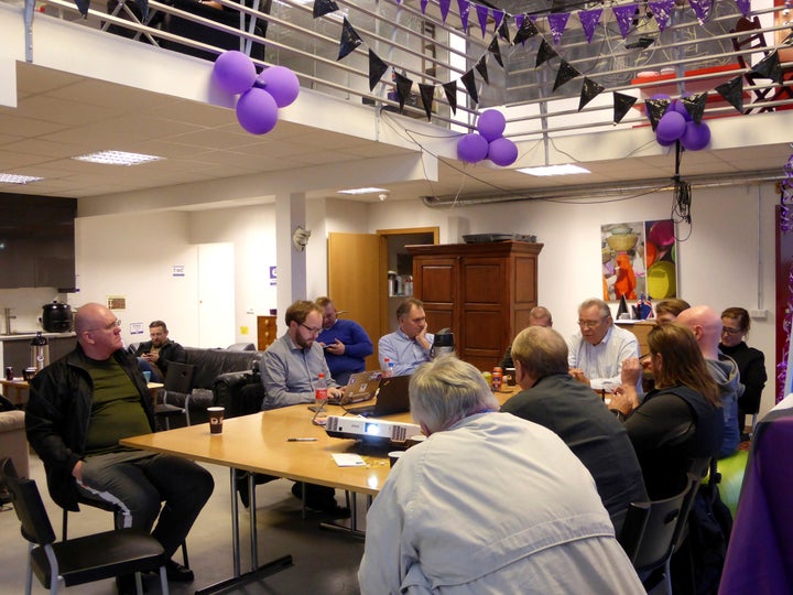 Members of the Icelandic Pirate Party gather at the party’s headquarters in Reykjavik, Iceland, on Sept. 19.