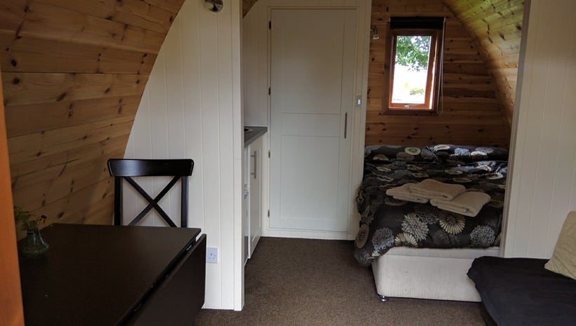 Self-catering pods are comfortably furnished