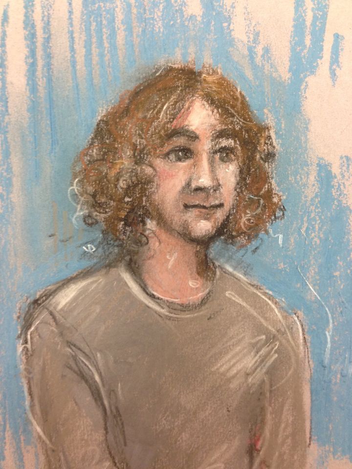 A court sketch of Damon Smith who is accused of possessing a 'viable' explosive which was found on a tube in North Greenwich last week