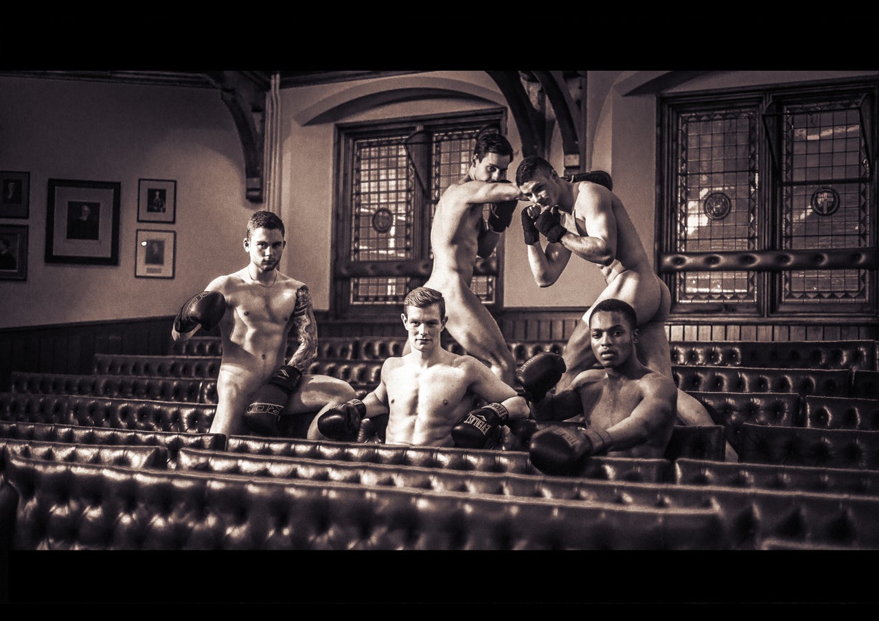 The university's boxing team spar in the nude to raise cash for refugees from around the world 