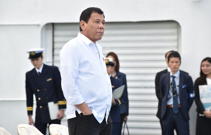 Philippine President Rodrigo Duterte inspects Japan's coast guard drills in Yokohama, Japan, in October.