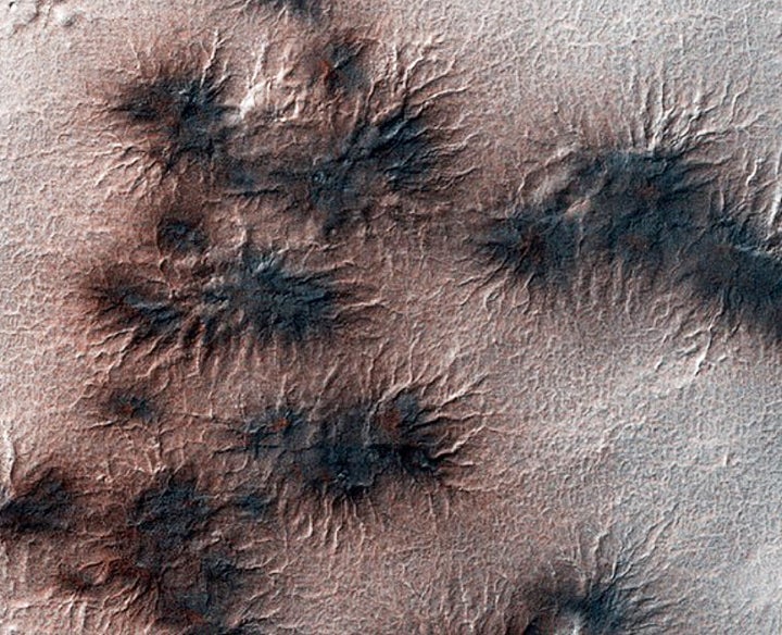 These spider-like surface features -- called araneiform terrain -- are on Mars’ south polar region. Scientists believe