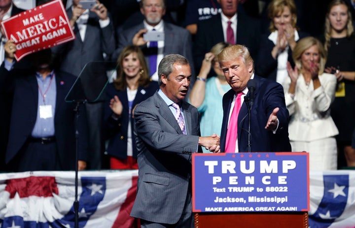 Donald Trump welcomes Nigel Farage to speak at a campaign rally in Jackson, Mississippi.