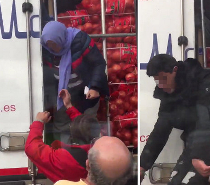 <strong>A video shot near Bridge, in Canterbury, on Thursday shows a truck driver letting five 'suspected migrants' out of the back of his lorry</strong>