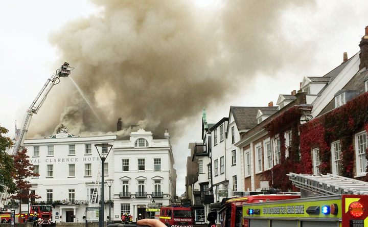 More than 100 firefighters are battling to save 'England's oldest hotel', the Royal Clarence Hotel in Exeter, Devon