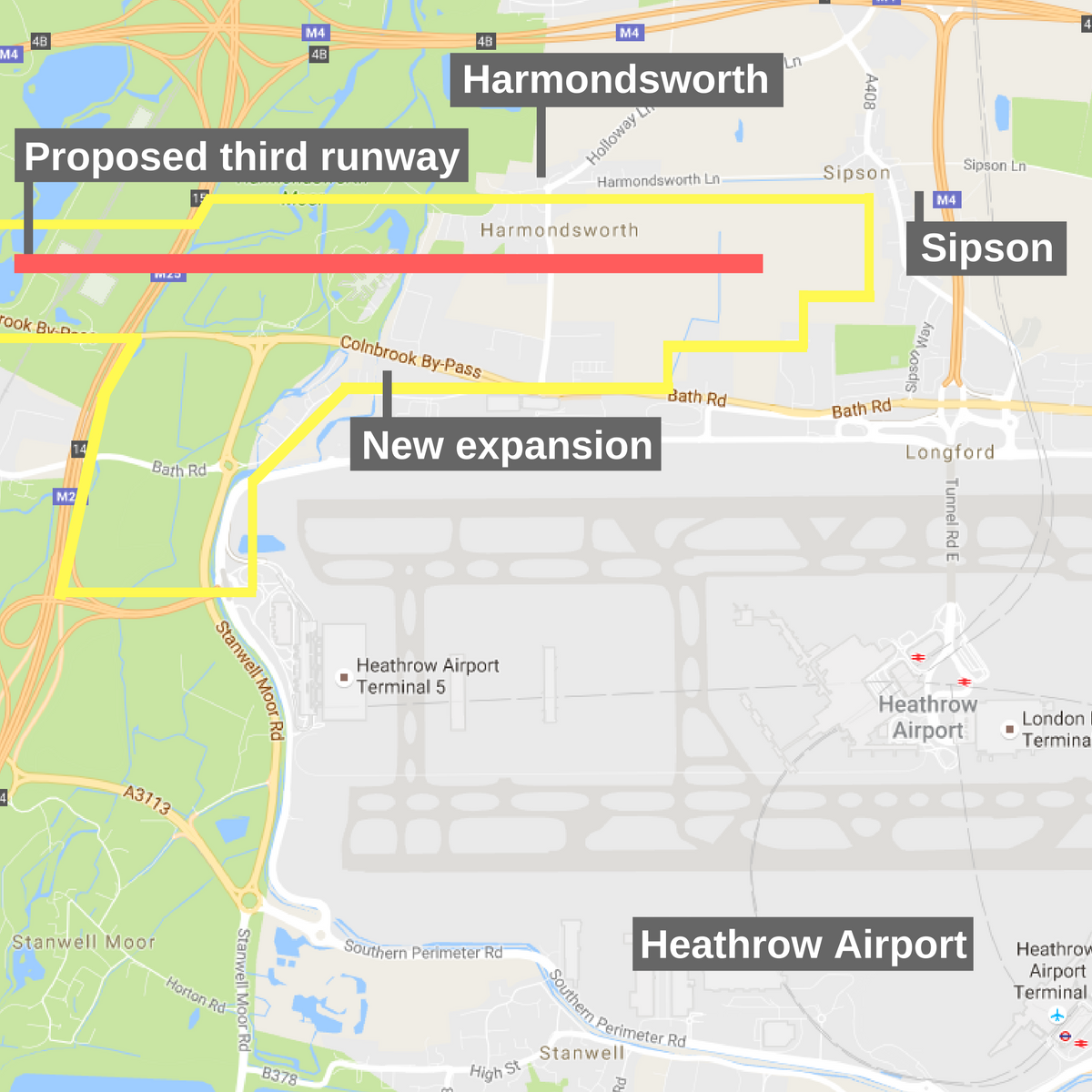 A map showing the new proposed expansion and rough location of the new third runway at Heathrow in relation to the villages of Harmondsworth and Sipson