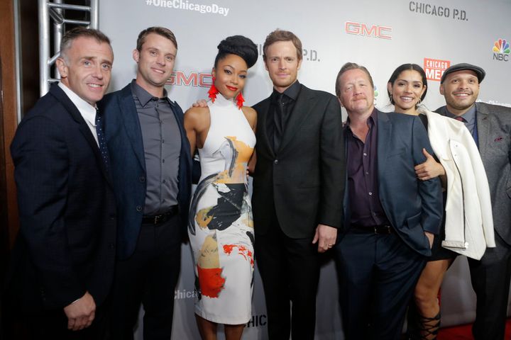 <p>NBCUNIVERSAL EVENTS -- "One Chicago Day" -- Pictured: (l-r) David Eigenberg, Jesse Spencer, Yaya DaCosta, Nick Gehlfuss, Christian Stolte, Miranda Rae Mayo, Joe Minoso at the "One Chicago Day" Party at Swift & Sons Steakhouse in Chicago, IL on October 24, 2016 </p>