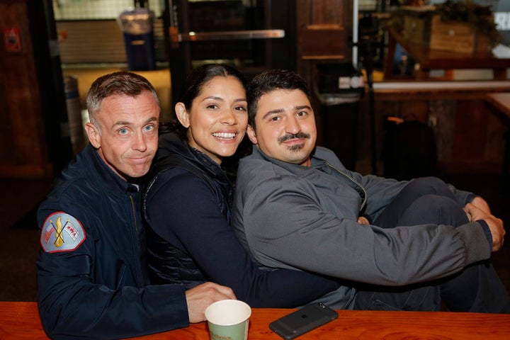 <p>NBCUNIVERSAL EVENTS -- "One Chicago Day" -- Pictured: (l-r) David Eigenberg, Miranda Rae Mayo, Yuri Sardarov, "Chicago Fire" at the "One Chicago Day" event at Lagunitas Brewing Company in Chicago, IL, on October 24, 2016 </p>