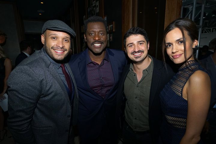 <p>NBCUNIVERSAL EVENTS -- "One Chicago Day" -- Pictured: (l-r) Joe Minoso, "Chicago Fire", Eamonn Walker, "Chicago Fire", Yuri Sardarov, "Chicago Fire, and Monica Raymund, "Chicago Fire" at the "One Chicago Day" Party at Swift & Sons Steakhouse in Chicago, IL on October 24, 2016 </p>