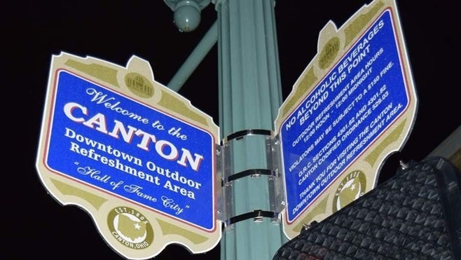 A sign marks the area where public drinking is legal in downtown Canton, Ohio.