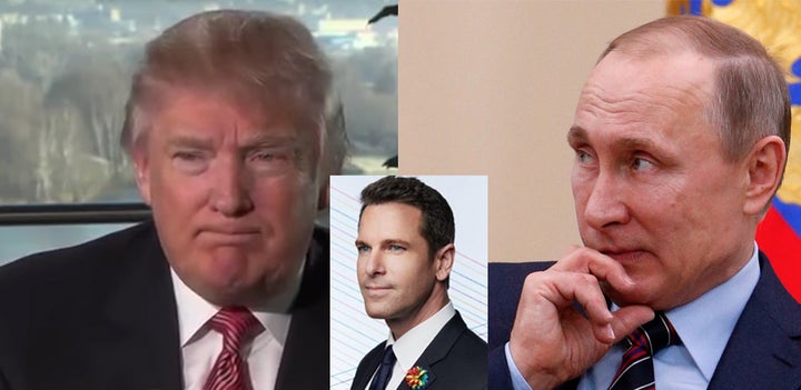 <p>Center: <a href="https://www.huffpost.com/news/topic/msnbc">MSNBC</a> anchor Thomas Roberts, who hosted the 2013 Miss Universe Contest in Moscow</p>