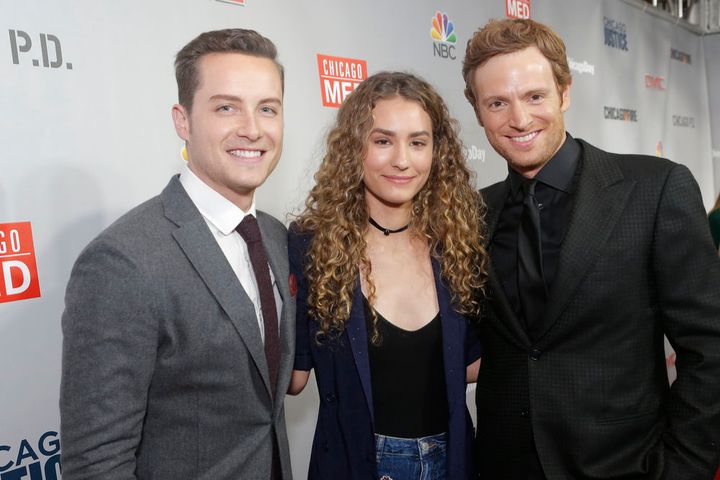 <p>NBCUNIVERSAL EVENTS -- "One Chicago Day" -- Pictured: (l-r) Jesse Lee Soffer, "Chicago P.D."; Rachel DiPillo, Nick Gehlfuss, "Chicago Med" at the "One Chicago Day" Party at Swift & Sons Steakhouse in Chicago, IL on October 24, 2016 </p>