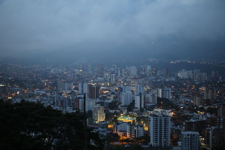 Pereira by night, nestled in the fog of the Andes Mountains