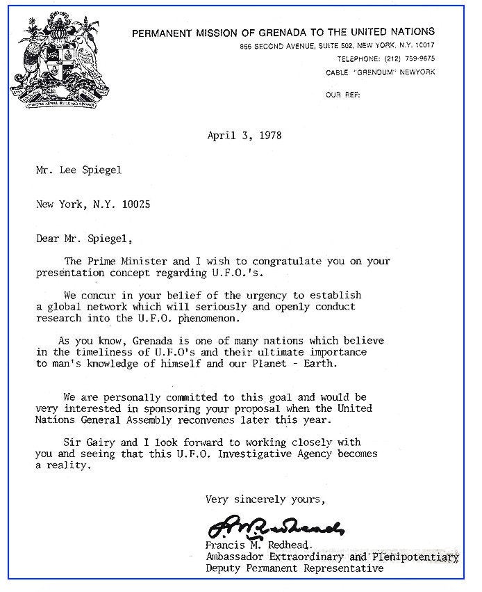 This 1978 letter from Grenada to Lee Speigel confirmed that country's commitment to sponsor Speigel's UFO presentation at the United Nations.