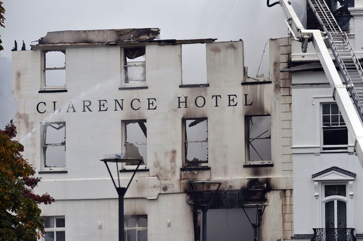 <strong>The Royal Clarence Hotel in Exeter, Devon, is now just a "shell" after a fire that began in an art gallery next door early Friday morning</strong>